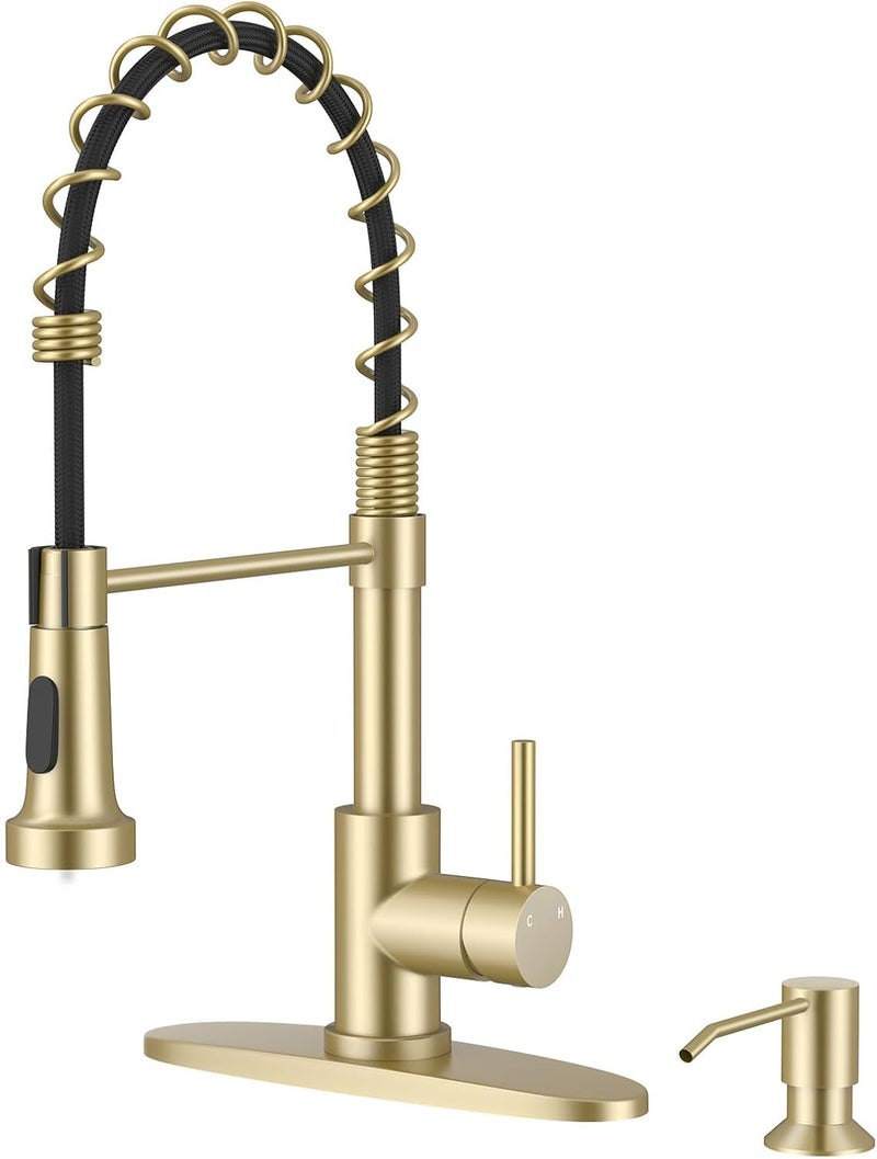 Arofa Kitchen Faucet with Soap Dispenser, Gold Stainless Steel Kitchen Sink Faucets with Pull-Down Sprayer 2 Mode, High Arc Modern Spring Faucet for 1 or 3 Hole, RV & Bathroom Faucets with Sprayer - Image 1
